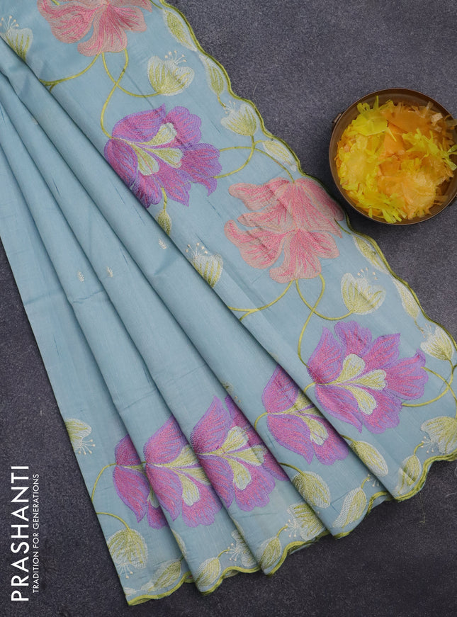 Semi raw silk saree light blue shade with thread woven buttas and floral deisgn embroidery work border