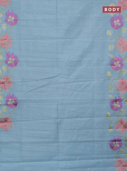 Semi raw silk saree light blue shade with thread woven buttas and floral deisgn embroidery work border