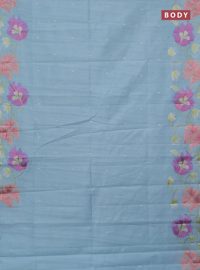 Semi raw silk saree light blue shade with thread woven buttas and floral deisgn embroidery work border
