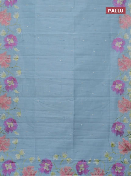 Semi raw silk saree light blue shade with thread woven buttas and floral deisgn embroidery work border