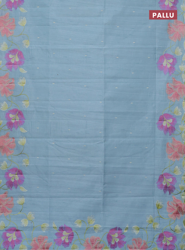 Semi raw silk saree light blue shade with thread woven buttas and floral deisgn embroidery work border