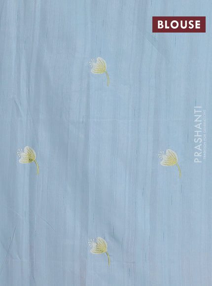 Semi raw silk saree light blue shade with thread woven buttas and floral deisgn embroidery work border
