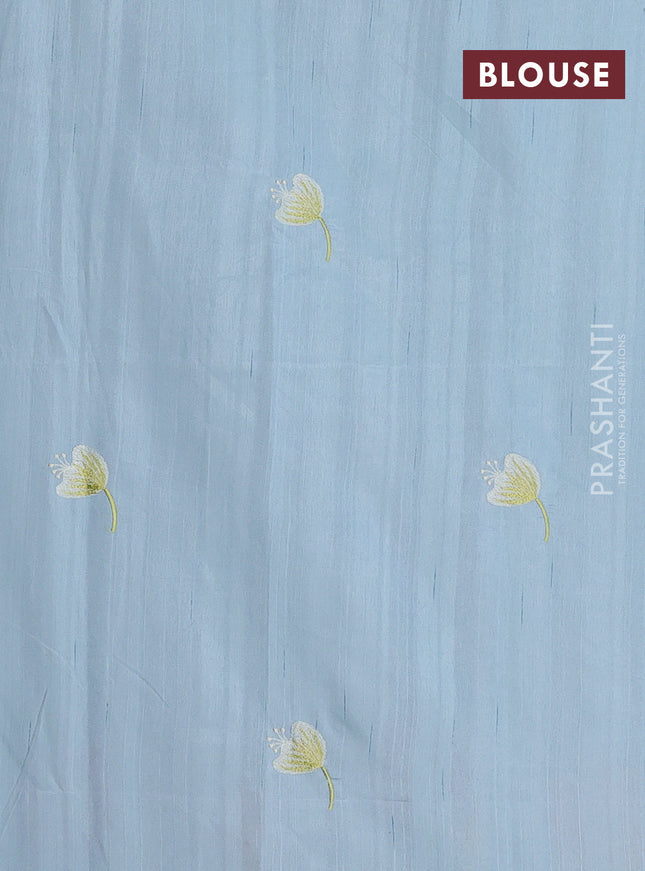 Semi raw silk saree light blue shade with thread woven buttas and floral deisgn embroidery work border