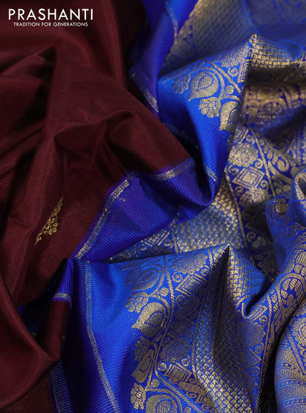 Pure gadwal silk saree deep maroon and blue with silver & gold zari woven buttas and long zari woven border
