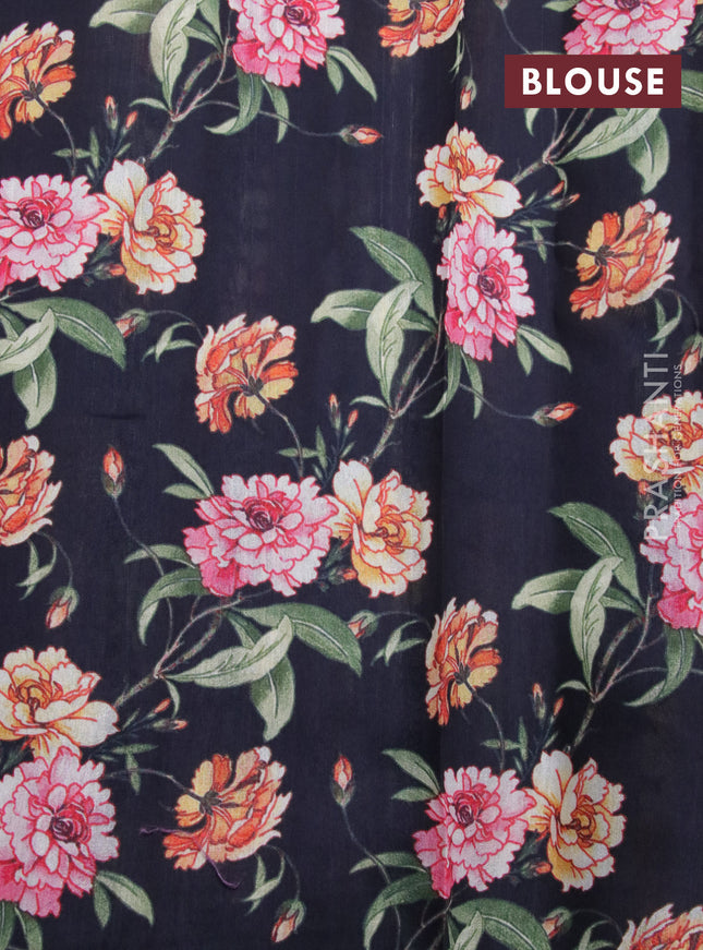 Tissue saree dual shade of grey and black with allover zari woven stripes pattern and zari woven border - printed blouse