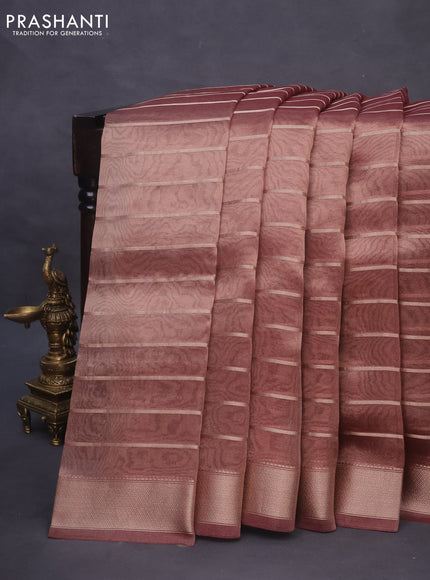 Tissue saree pastel maroon shade and deep maroon with allover zari woven stripes pattern and zari woven border - printed blouse