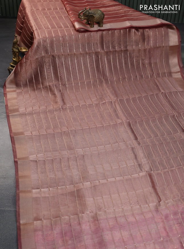 Tissue saree pastel maroon shade and deep maroon with allover zari woven stripes pattern and zari woven border - printed blouse