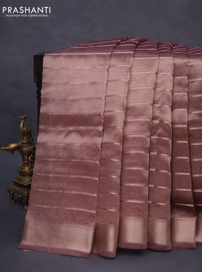 Tissue saree dual shade of wine and wine shade with allover zari woven stripes pattern and zari woven border - printed blouse