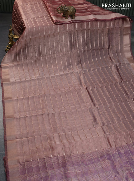 Tissue saree dual shade of wine and wine shade with allover zari woven stripes pattern and zari woven border - printed blouse