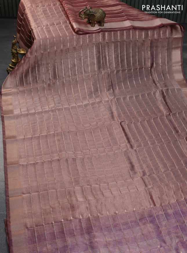 Tissue saree dual shade of wine and wine shade with allover zari woven stripes pattern and zari woven border - printed blouse