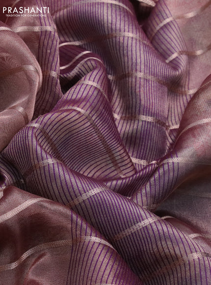 Tissue saree dual shade of wine and wine shade with allover zari woven stripes pattern and zari woven border - printed blouse