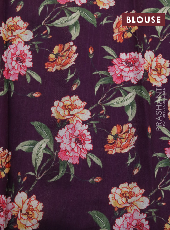 Tissue saree dual shade of wine and wine shade with allover zari woven stripes pattern and zari woven border - printed blouse