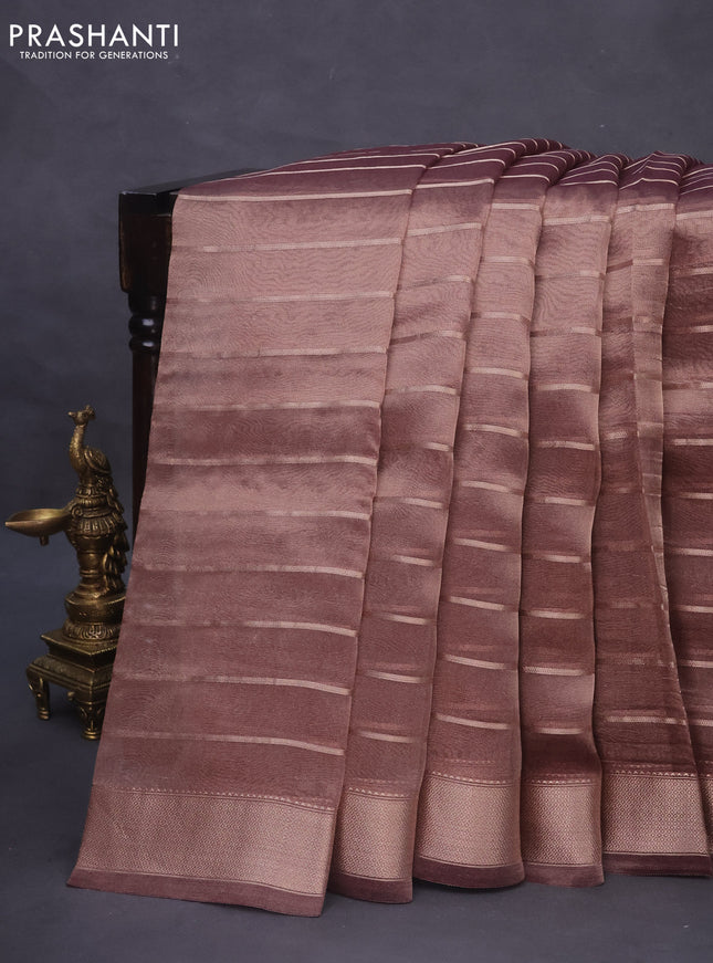 Tissue saree dual shade of wine and purple with allover zari woven stripes pattern and zari woven border - printed blouse