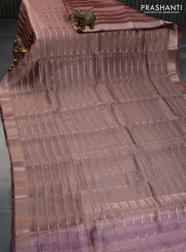 Tissue saree dual shade of wine and purple with allover zari woven stripes pattern and zari woven border - printed blouse