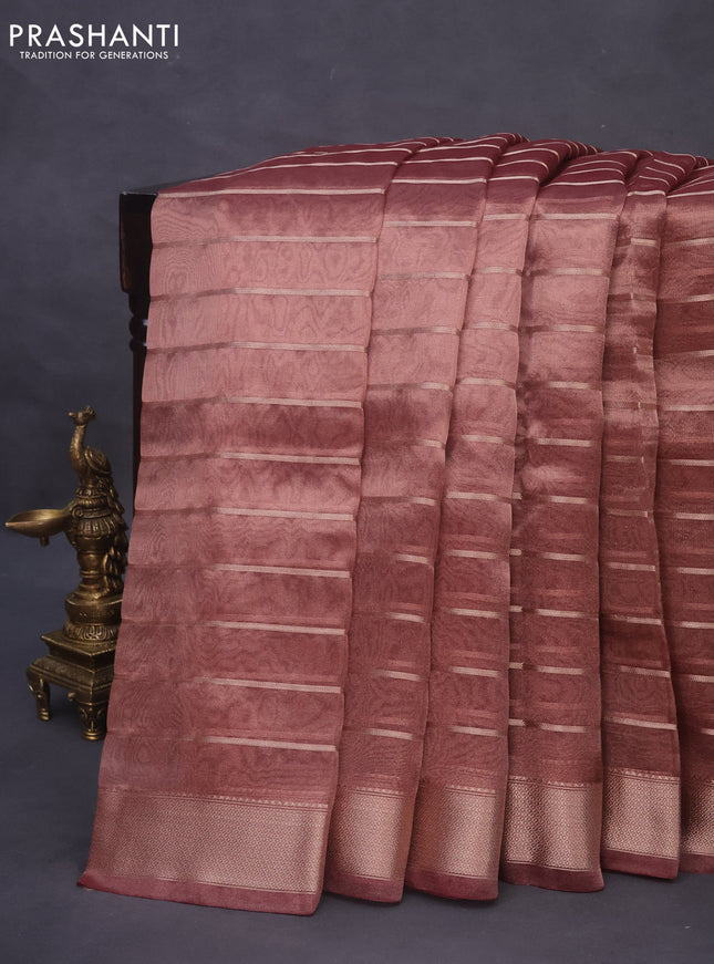 Tissue saree pastel maroon and red with allover zari woven stripes pattern and zari woven border - printed blouse