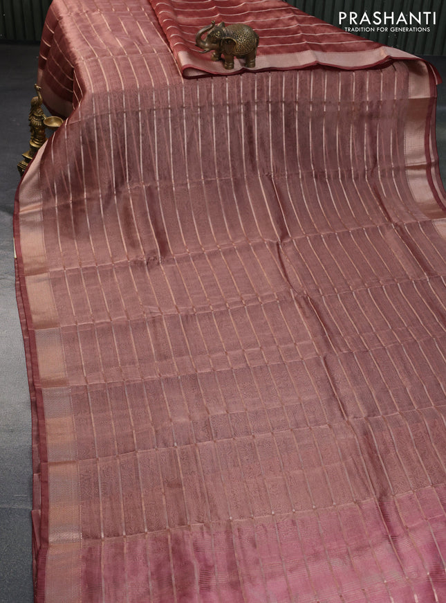 Tissue saree pastel maroon and red with allover zari woven stripes pattern and zari woven border - printed blouse