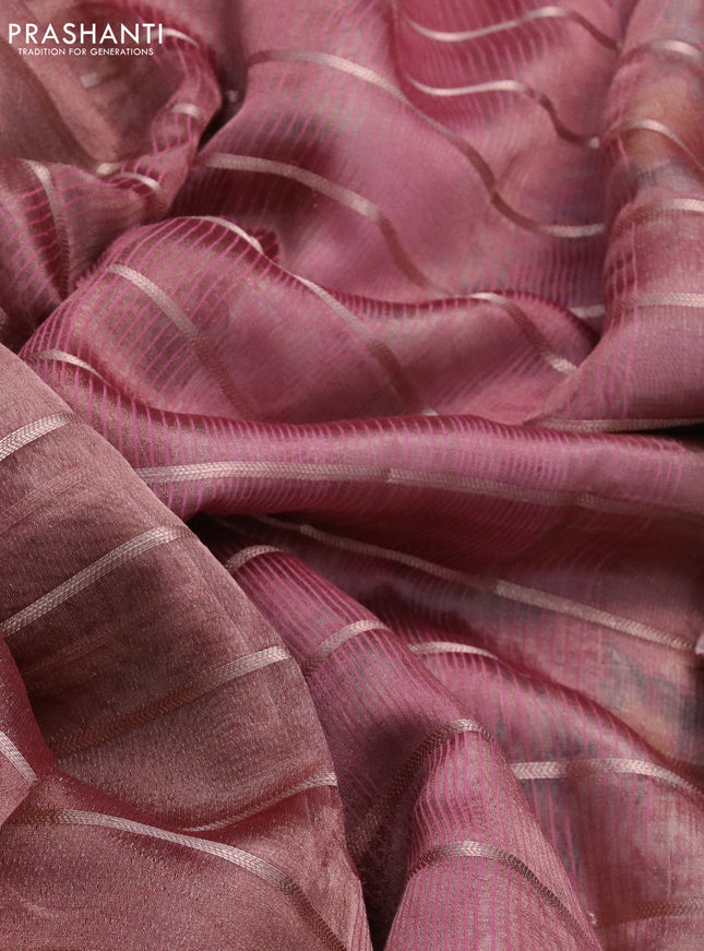 Tissue saree pastel maroon and red with allover zari woven stripes pattern and zari woven border - printed blouse