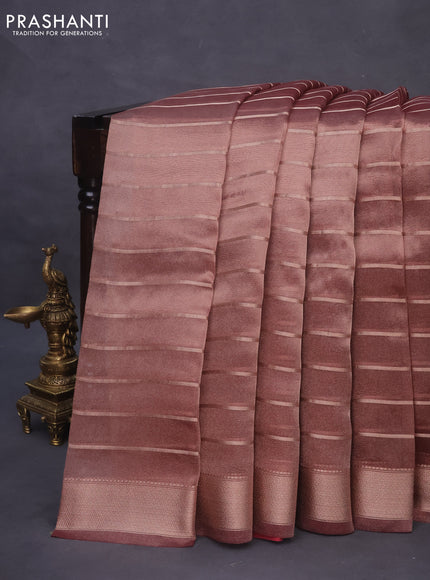 Tissue saree pastel maroon and red with allover zari woven stripes pattern and zari woven border - printed blouse