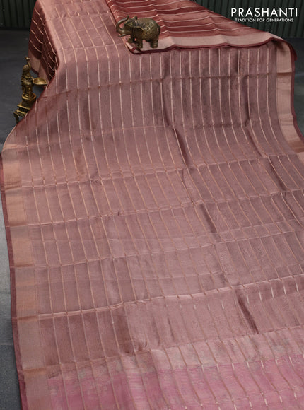 Tissue saree pastel maroon and red with allover zari woven stripes pattern and zari woven border - printed blouse