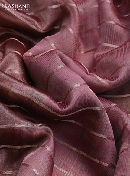 Tissue saree pastel maroon and red with allover zari woven stripes pattern and zari woven border - printed blouse