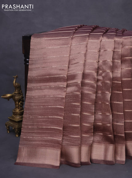 Tissue saree dual shade of grey and purple with allover zari woven stripes pattern and zari woven border - printed blouse