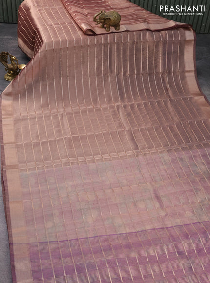 Tissue saree dual shade of grey and purple with allover zari woven stripes pattern and zari woven border - printed blouse