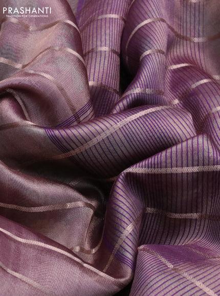 Tissue saree dual shade of grey and purple with allover zari woven stripes pattern and zari woven border - printed blouse