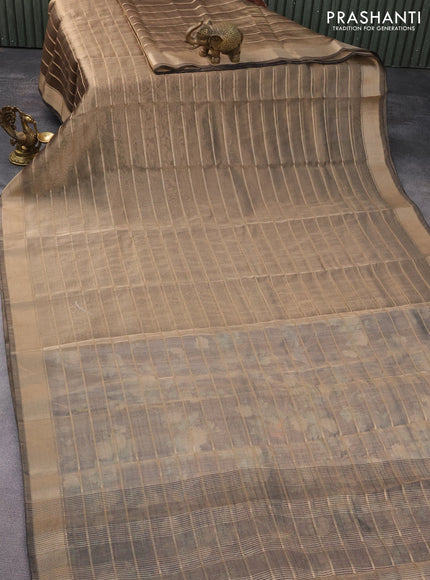 Tissue saree dual shade of grey and black with allover zari woven stripes pattern and zari woven border - printed blouse