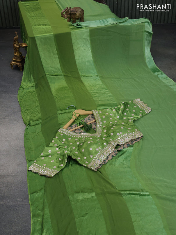 Chiffon saree green with plain body and satin border