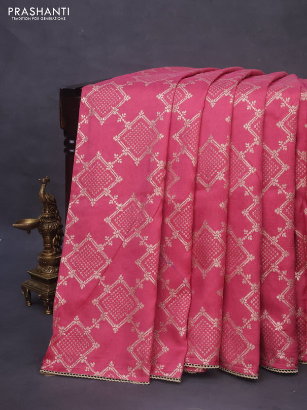 Munga tussar saree pink shade with allover zari weaves and lace work border