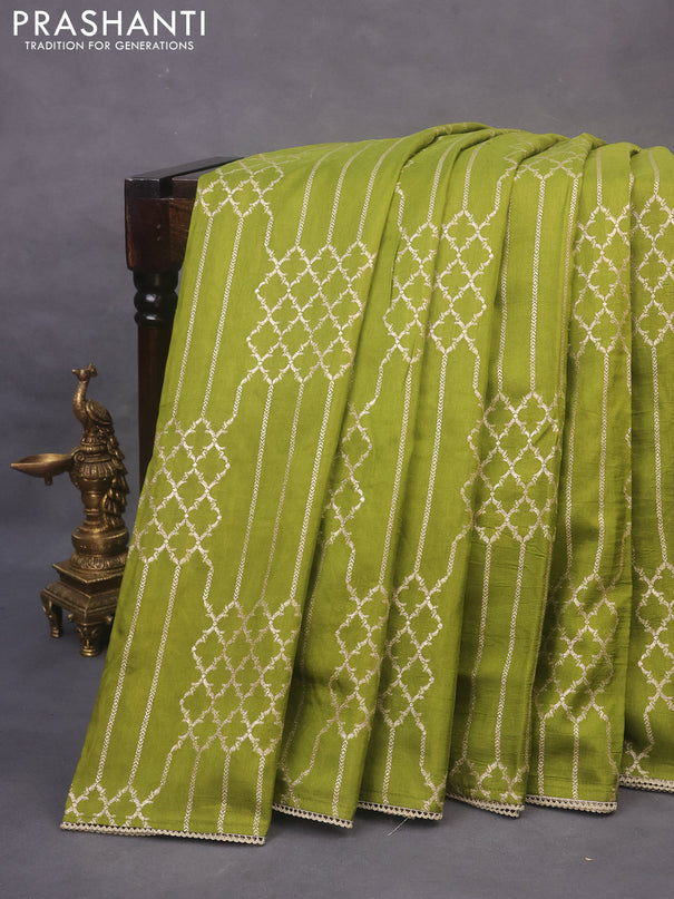 Munga tussar saree mehendi green with allover zari weaves and lace work blue