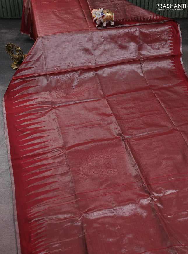 Banarasi matka tissue saree maroon with plain body and long temple design zari woven border