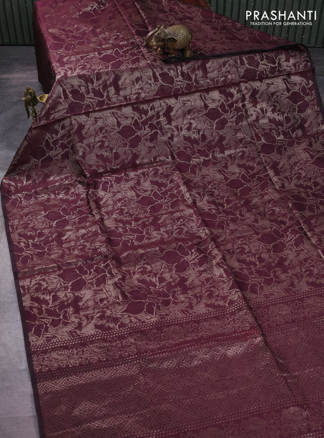 Banarasi matka tissue saree wine shade with allover zari woven brocade weaves in borderless style