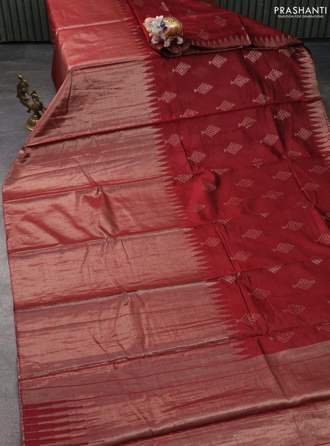Banarasi matka tissue saree maroon with thread & zari woven buttas and long temple design zari woven border