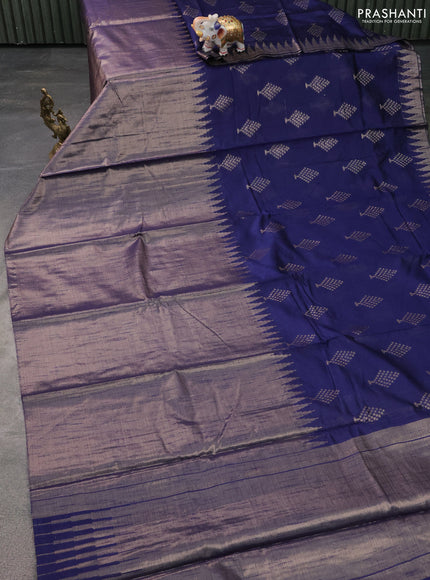 Banarasi matka tissue saree blue with thread & zari woven buttas and long temple design zari woven border
