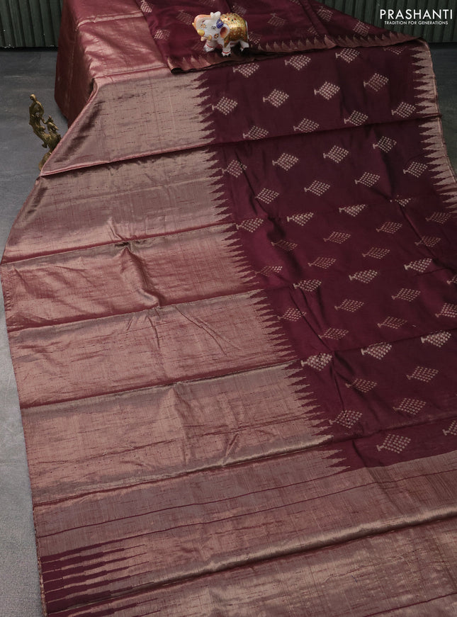 Banarasi matka tissue saree wine shade with thread & zari woven buttas and long temple design zari woven border