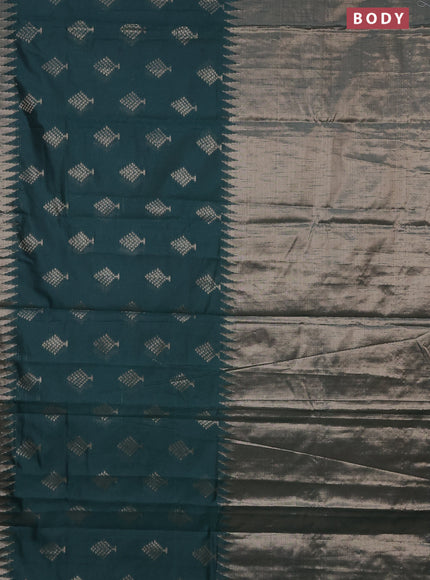 Banarasi matka tissue saree dark green with thread & zari woven buttas and long temple design zari woven border