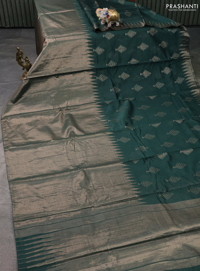 Banarasi matka tissue saree dark green with thread & zari woven buttas and long temple design zari woven border