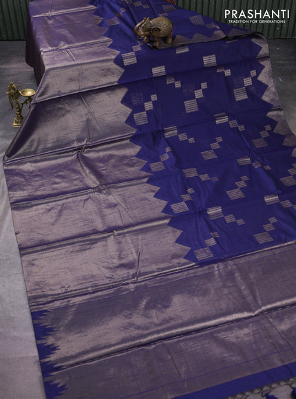 Banarasi matka tissue saree blue with plain body and temple design zari woven border