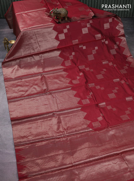 Banarasi matka tissue saree maroon with plain body and temple design zari woven border