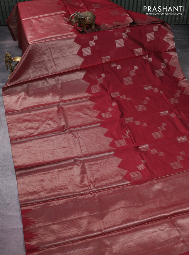 Banarasi matka tissue saree maroon with plain body and temple design zari woven border