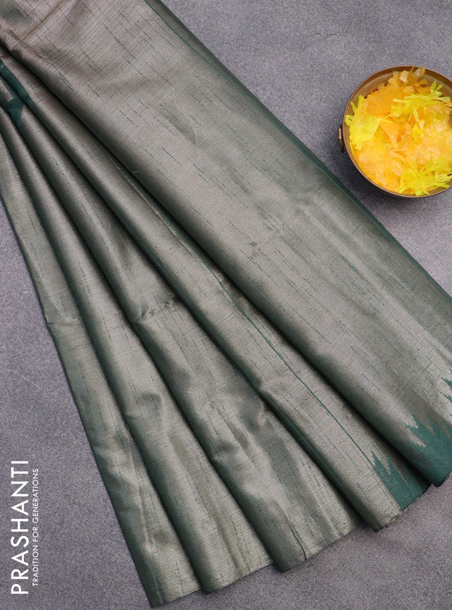 Banarasi matka tissue saree dark green with plain body and temple design zari woven border
