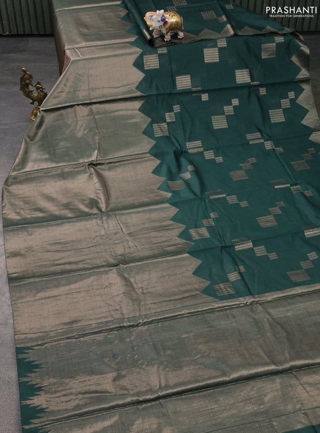 Banarasi matka tissue saree dark green with plain body and temple design zari woven border