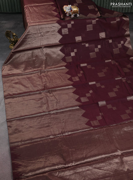 Banarasi matka tissue saree wine shade with plain body and temple design zari woven border