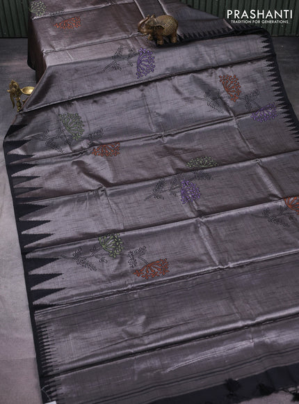 Banarasi matka tissue saree black with thread woven buttas and temple design zari woven border