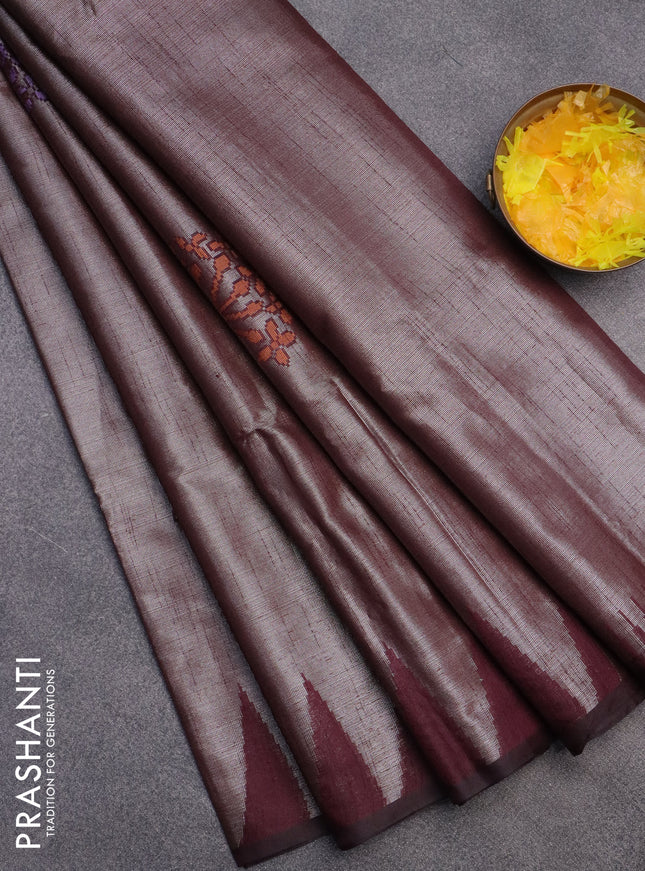 Banarasi matka tissue saree deep maroon with thread woven buttas and temple design zari woven border