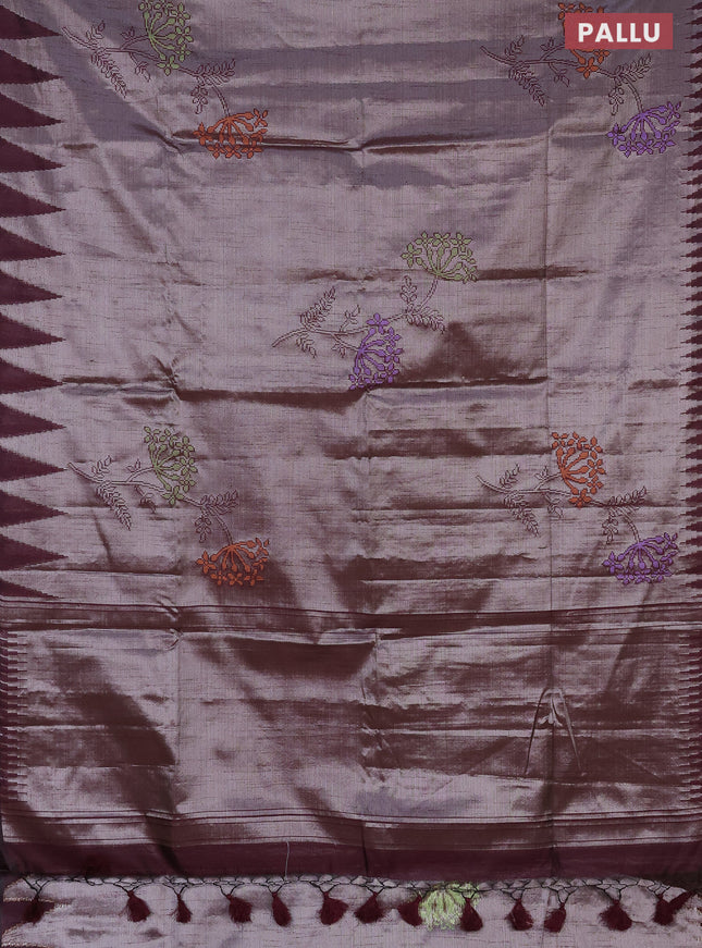 Banarasi matka tissue saree deep maroon with thread woven buttas and temple design zari woven border