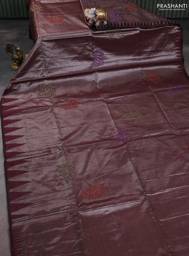 Banarasi matka tissue saree deep maroon with thread woven buttas and temple design zari woven border