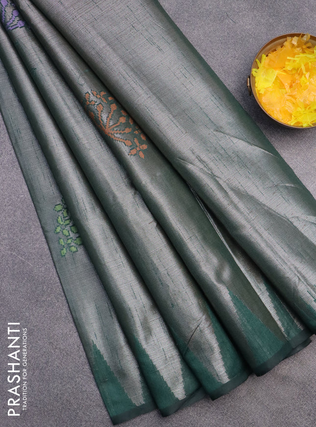 Banarasi matka tissue saree dark green with thread woven buttas and temple design zari woven border