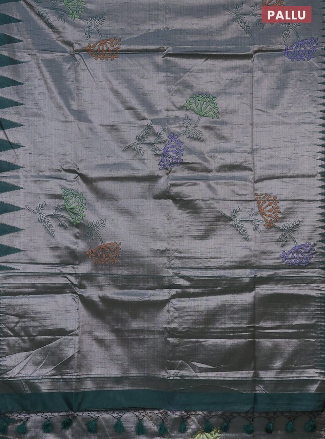 Banarasi matka tissue saree dark green with thread woven buttas and temple design zari woven border